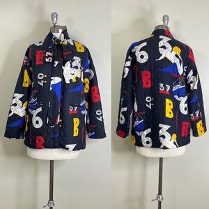 VINTAGE 100% SILK QUILTED PATTERNED NAUTICAL BUTTON UP JACKET WITH MATCHING SASH